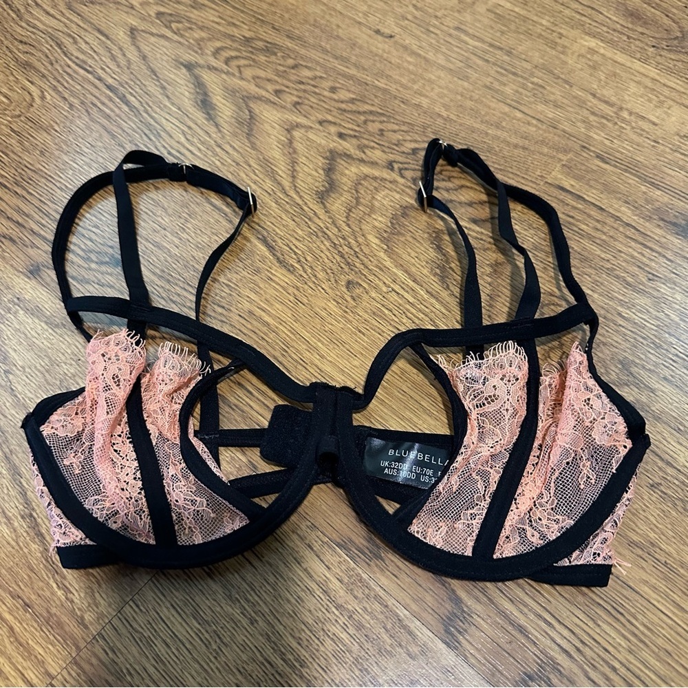 Bluebella Women's Lace Bra Black M Pink que 32DD cut out intimate sheer